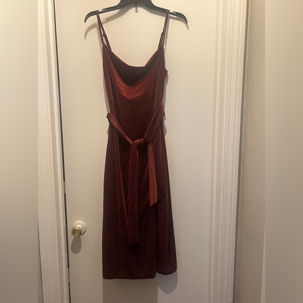 Lost + Wander Cinnamon red burgundy burnt orange velvet cowl neck midi dress